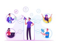 Referral Program Business Concept. Salesman Shouting to Megaphone Attracting Audience to Refer Friends. People Connected with Internet and Relationship Network, Cartoon Flat Vector Illustration