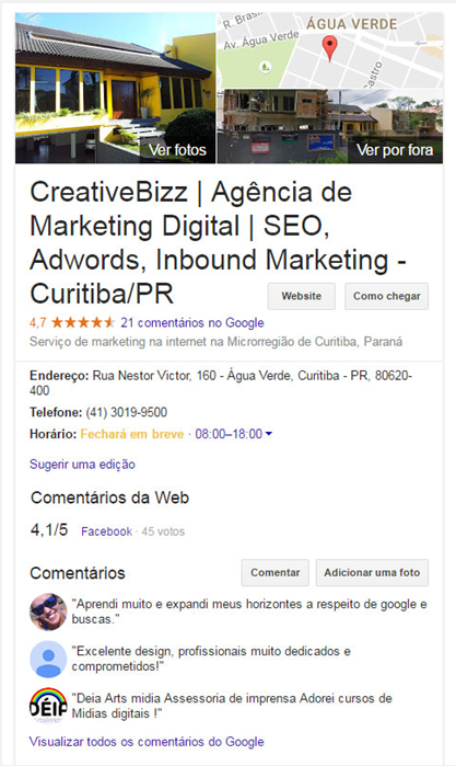 SEO Hacks: Um bom exemplo de engajamento é o da agência de SEO CreativeBizz, de Curitiba, que tem uma excelente classificação e posicionamento local no Google.