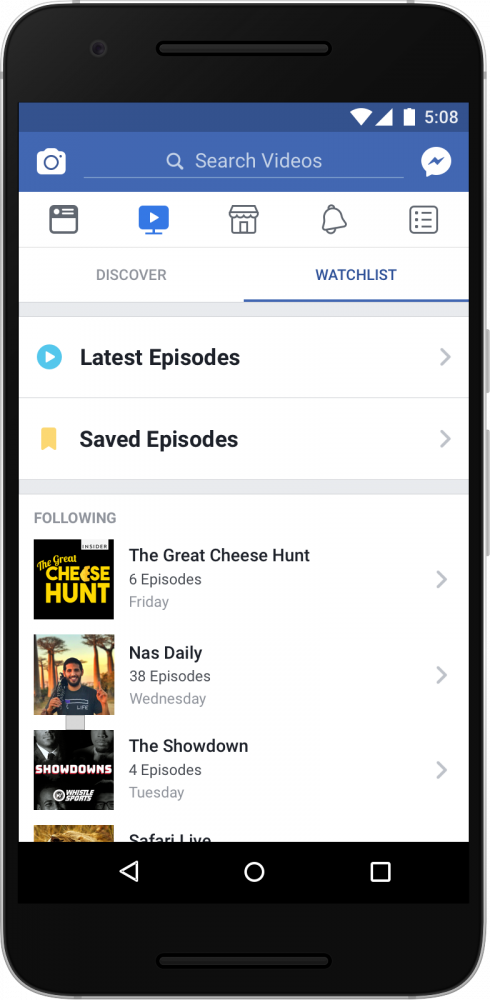 Visão em um dispositivo móvel das duas categorias principais dentro do Facebook Watch: Discover e Watchlist com destaque para a Watchlist 