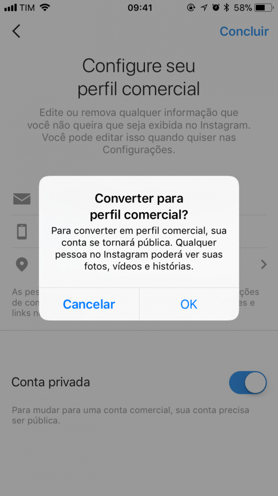 Perfil comercial Instagram - Clique em OK para a mensagem que indica que a sua conta se tornará publica